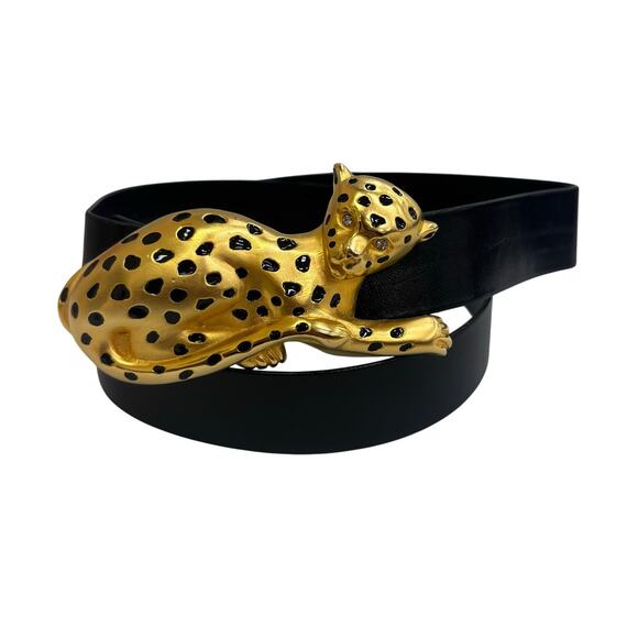 Doreen Ryan Vintage 1993 Large Gold Tone Rhinestone Leopard Buckle Belt Size S - Picture 1 of 11